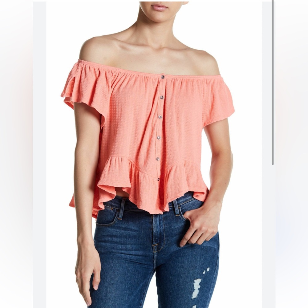 We the Free Coral Ruffle Button-Front Top